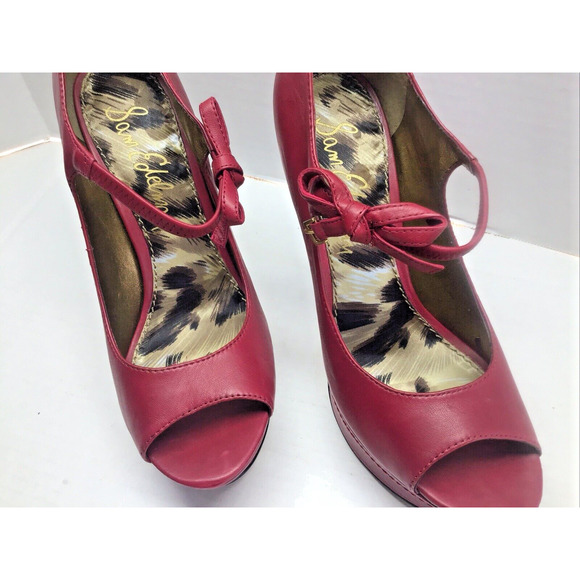 Edelman Red Leather Poppy Stilettos Peep Toe Platform Bow Ankle Strap 7.5 & Box - Picture 5 of 12